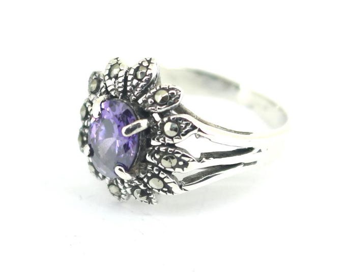 Vintage Size 7.25 Purple Amethyst Sparkling Marcasite Stones Design Statement Ring 925 Sterling  RG 231