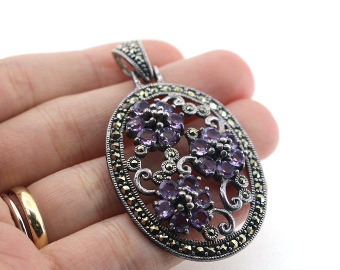 Vintage Marcasite Purple Crystals CZ Flowers Pendant 925 Sterling Silver PD 2179