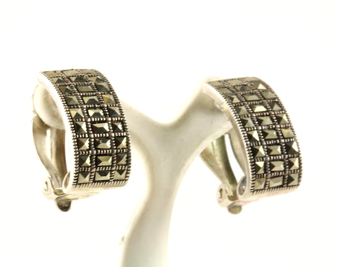 Vintage Bar Design Marcasite Clip On Earrings Sterling Silver ER 1172