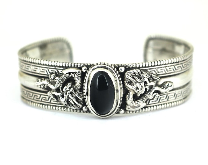Vintage Dual Dragon Black Onyx 925 Sterling Silver Cuff Bracelet BR 181