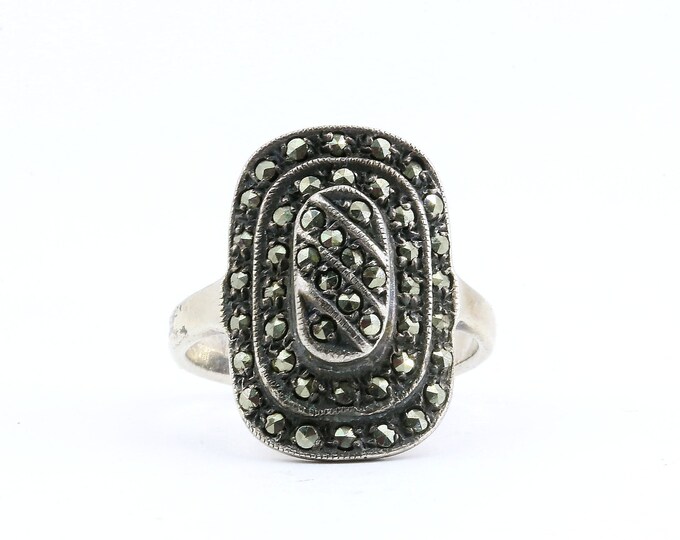 Vintage Beautiful Rectangle Marcasite Stones Design Ring 925 Sterling RG 3740