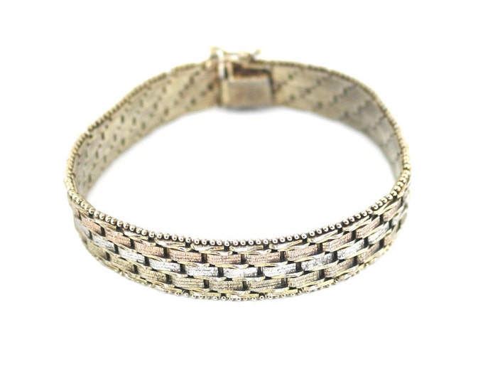 Vintage Italy Milor Three Tone Herringbone Design Tennis Chain Bracelet 925 Sterling Silver BR 2779