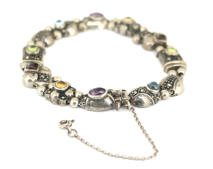 Vintage Multicolor Multi Gemstones Design Tennis Bracelet 925 Sterling Silver BR 323