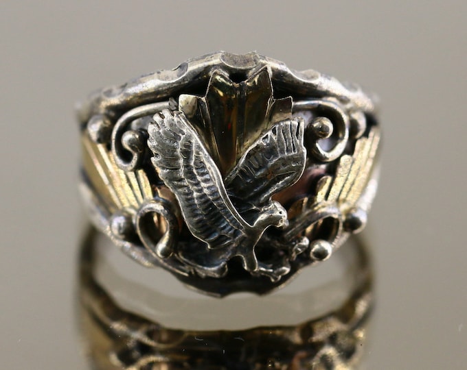 Vintage Genieve Werito Navajo 12K Yellow Gold Filled Eagle Scroll Beaded Design Extra Large Signet Ring 925 Silver Size 15.25 RG 1398A