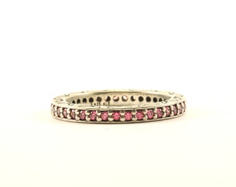 Authentic 5.5, 6.5, 7.5, 8 Pandora Thin Eternity Pink Crystals Ring 925 Sterling Silver RG 205-E