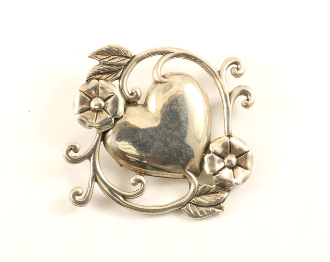 Vintage Beautiful Heart Love Floral Design Pin/Brooch 925 Sterling BB 1468