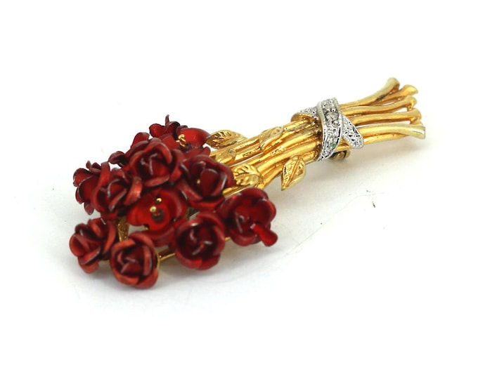 Vintage Vermeil Red Enamel Rose Bouquet Brooch Sterling Silver Gold Plated BB 004