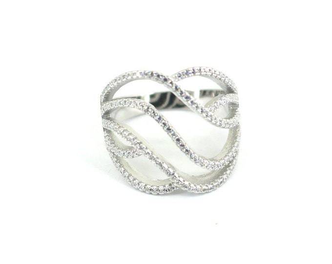 Vintage Size 6.75 Sparkling Crystals CZ Design Band Ring 925 Sterling Silver RG 4512