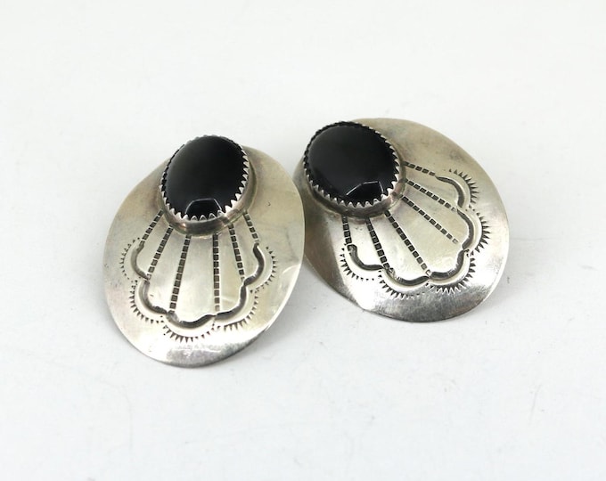 Vtg Navajo Oval Onyx Inlay Etched Stud Earrings 925 Sterling Er 177(401742008064)