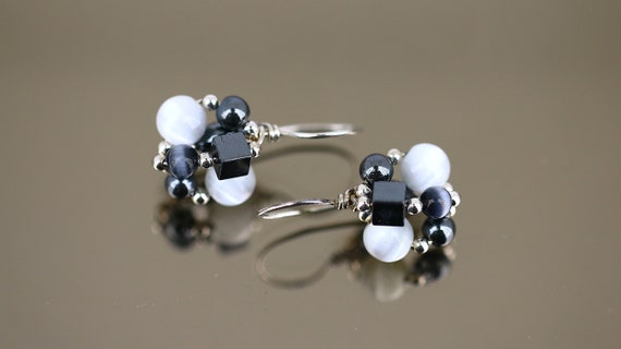 Vintage Black And White Beads Round Square Cats E… - image 1