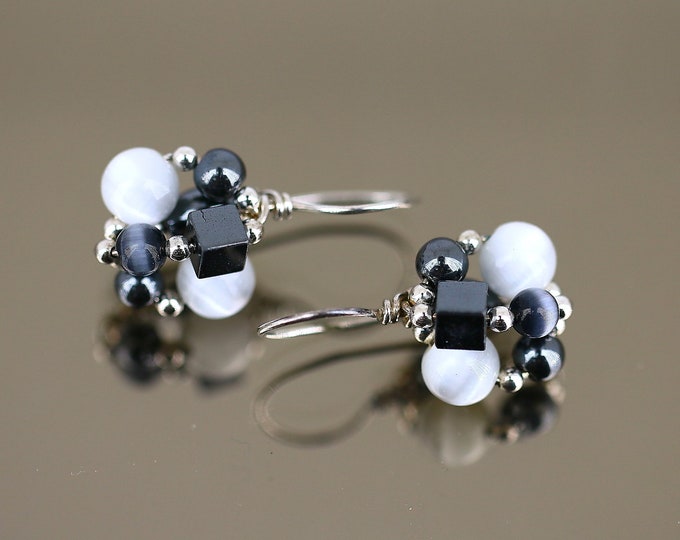 Vintage Black And White Beads Round Square Cats Eye Hematite Design Drop Dangle Earrings Sterling Silver 925 ER 1559
