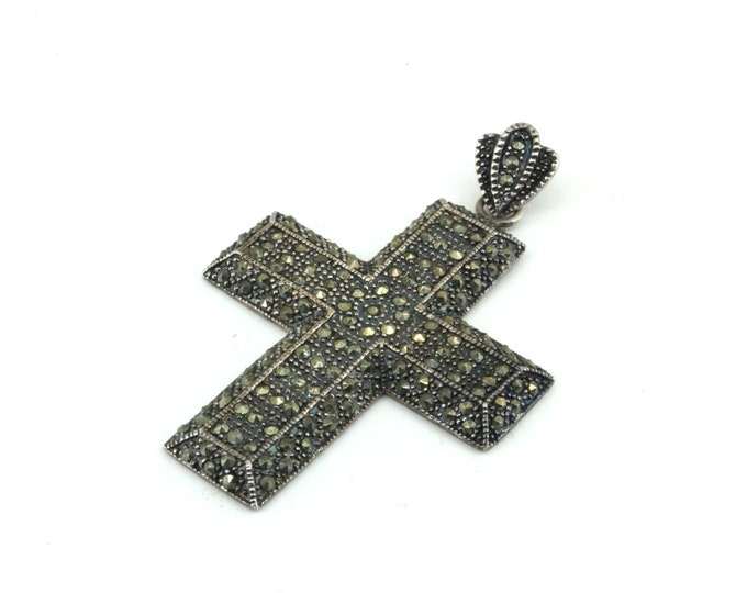 Vintage Marcasite Religious Cross Design Pendant 925 Sterling Silver PD 109