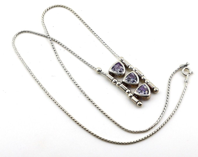 Vintage Purple Triangle Three Shiny Crystals CZ Beads Beaded Design Necklace 925 Sterling Silver NC 1924