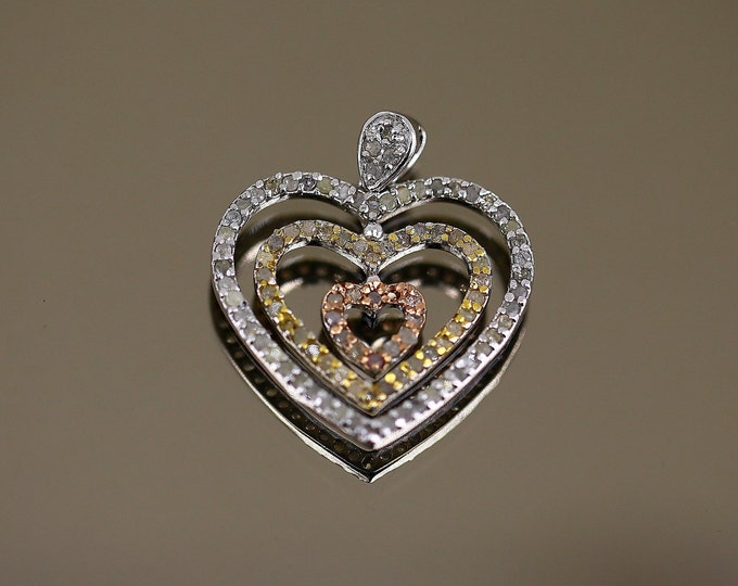 Vintage Three Hearts Natural Real Small Diamonds Design Pendant 925 Sterling Silver PD 2692
