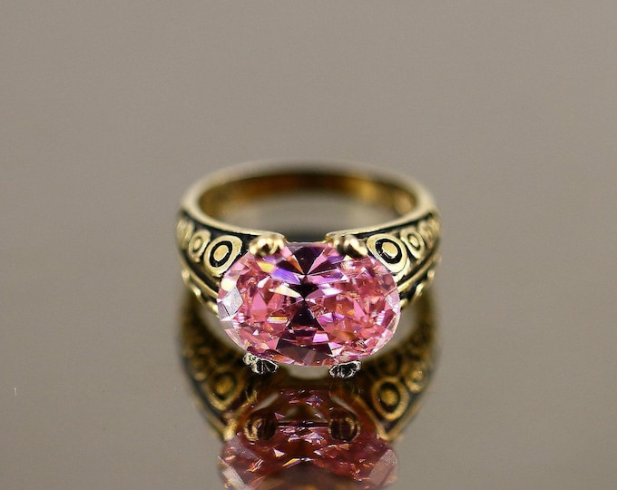 Vintage Large Pink Oval Shape Sparkling Crystal CZ Beads Beaded Gold Plated Design Ring 925 Sterling Silver Size 7 RG 4367
