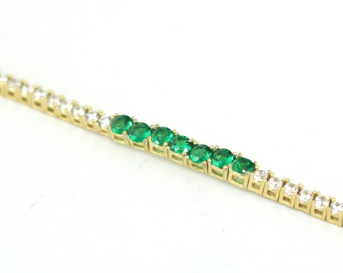 Vintage Gold Plated Sparkling Green & Clear Crystals CZ Design Tennis Chain Bracelet 925 Sterling Silver BR 268