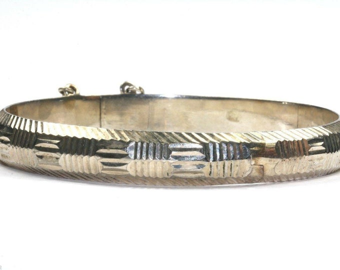 Vintage Diamond Cut Textured W/safety Chain Bangle Bracelet 925 Sterling Br 1303