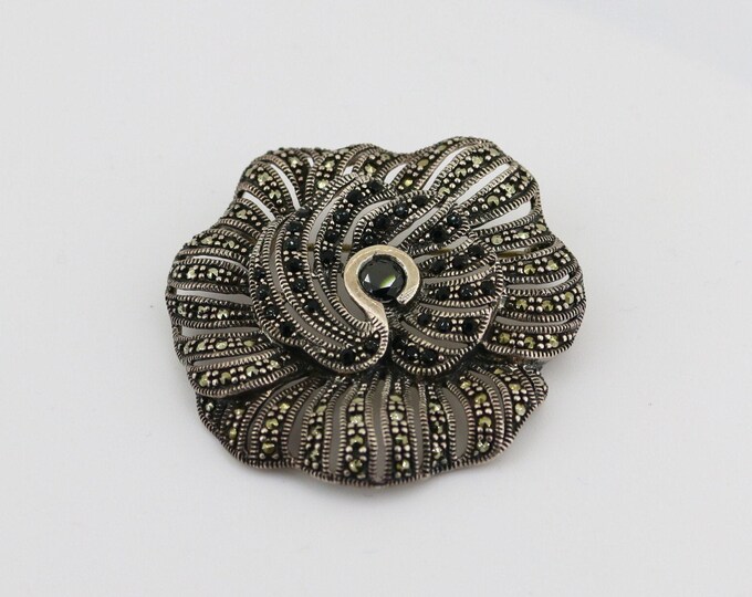 Vintage Beautiful Flower Rose Shiny Black Crystals Marcasite Stones Design Brooch Silver BB 2333