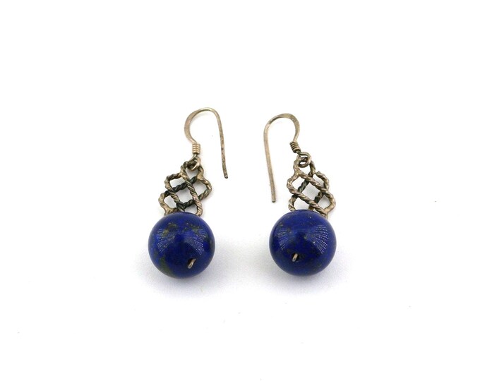 Vintage Round Deep Blue Lapis Lazuli Stone Bead Drop Dangle Earrings Sterling Silver 925 ER 868U
