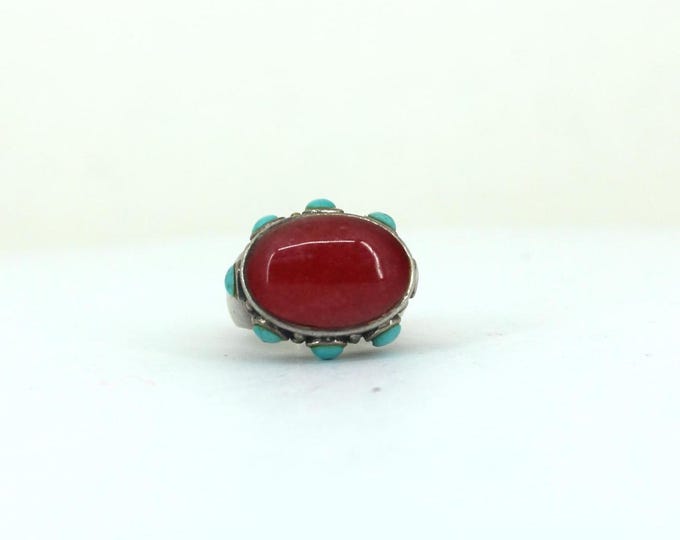 Vintage Size 6 Red/ Raspberry Cabochon Stone & Turquoise Stone Cocktail Ring 925 Sterling Silver  RG 3590