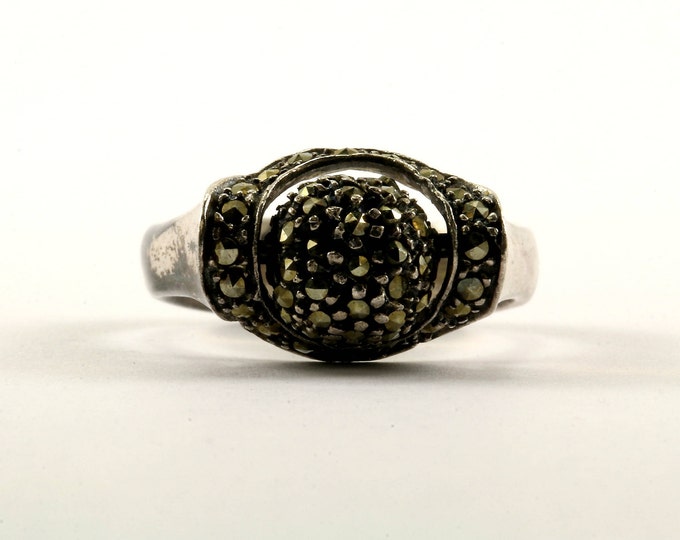 Vintage Size 6.5 Bead Shape Marcasite Inlay Ring 925 Sterling Silver RG 2089-E