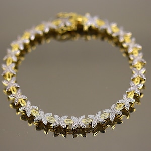 Vintage Dainty Two Tone Gold Plated Flower Floral Design Link Chain Bracelet 925 Sterling Silver BR 3883