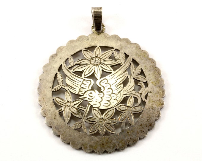 Vintage Round Bird & Floral Design Pendant 925 Sterling Silver PD 1026-E