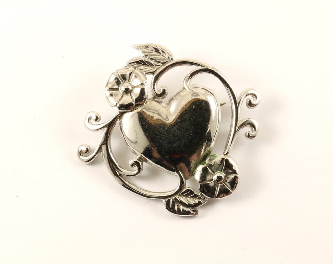 Vintage Beautiful Felaine Heart Love Floral Design Pin/Brooch 925 Sterling BB 1737
