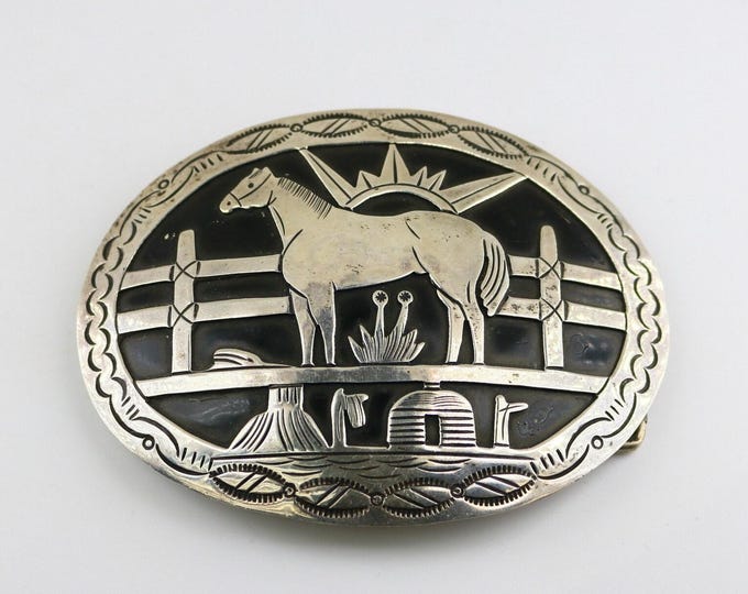 Vintage Beautiful Large Jean Dixon Navajo Horse Ethnic Tribal Design Belt Buckle 925 Sterling OT 363