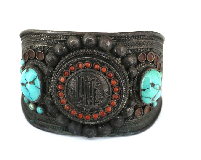 Vintage Navajo Turquoise and Coral Wide Cuff Bracelet Sterling Silver BR 537