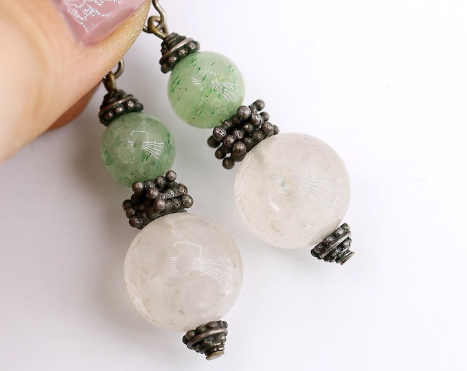 Vintage Beautiful Rose Quartz Moss Agate Beaded Design Drop Dangle Earrings 925 Sterling ER 1373