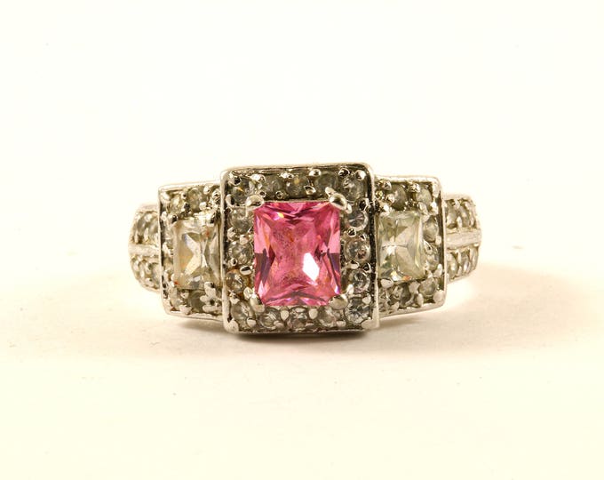 Vintage Size 7.25 Sparkling Pink Crystal Ring 925 Sterling Silver RG 3172