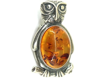 Vintage Amber Stone Owl Brooch  Pendant Pin/Brooch 925 Sterling BB 017