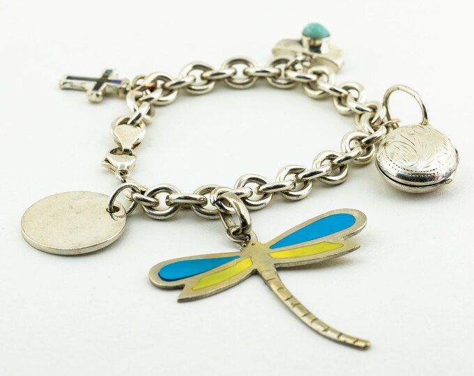 Vintage Blue & Yellow Wings Dragonfly Design Charms Bracelet Sterling Silver Br 343-e