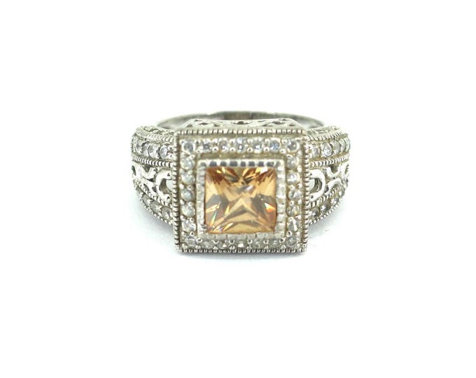 Vintage Size 7 Thailand Sparkling Square Yellow Crystal CZ Design Statement Ring 925 Sterling Silver RG 2233