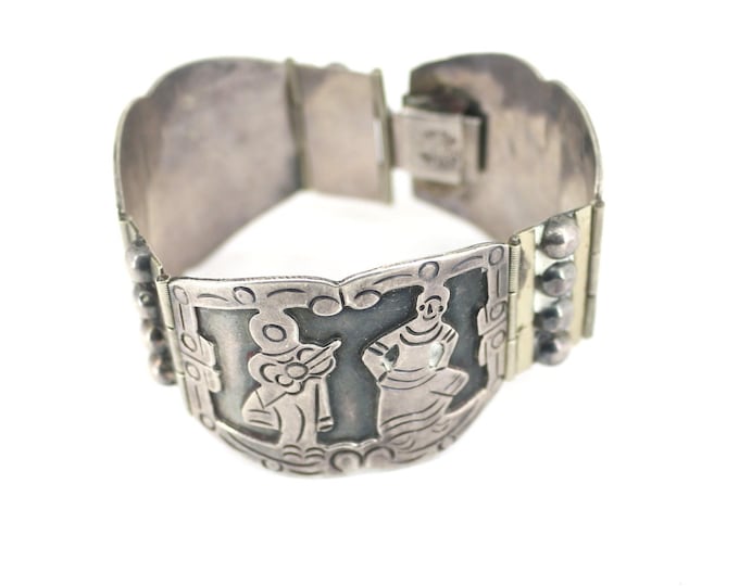Vintage Mexico Maze Aztec Intaglio Design Link Bracelet 925 Sterling BR 3529