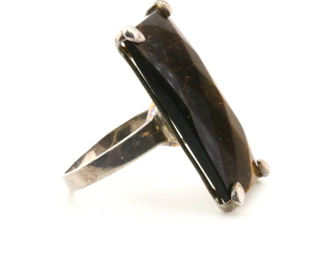 Vintage Size 9 Large Rectangle Tiger's Eye Stone Bangle Ring 925 Sterling RG 3353