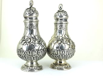 Vintage 1890 Germany  Large Ornate Salt Pepper Shakers Sterling Silver FW 32