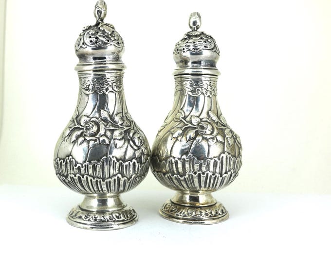 Vintage 1890 Germany  Large Ornate Salt Pepper Shakers Sterling Silver FW 32
