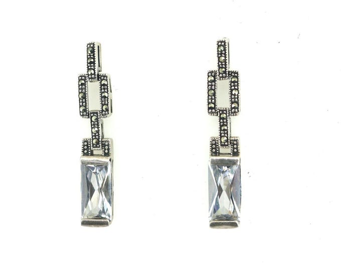 Vintage Sparkling Rectangle CZ Crystal w/ Marcasite  Stud Earrings Sterling Silver 925 ER 1804