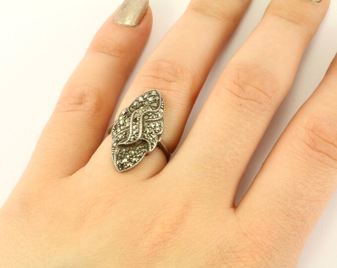 Vintage Size 6 Scroll Design Marcasite Cocktail Ring 925 Sterling Silver RG 3291