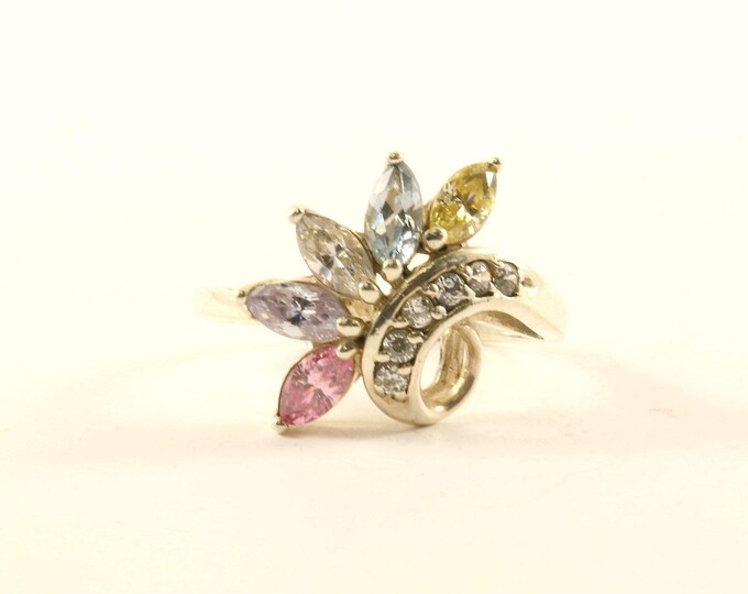 Vintage Scroll Floral Multi Color Crystals CZ Design Ring 925 Sterling Silver RG 4270