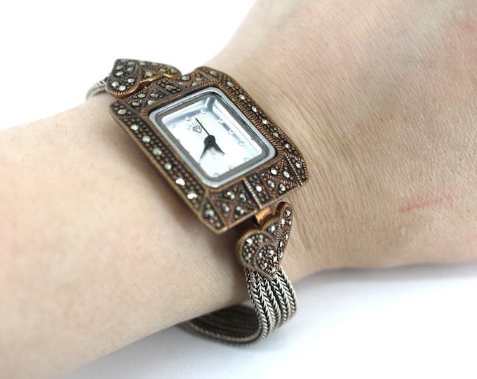 Vintage Stainless Steelba C K  Water Resistant Marcasite Watch 925 Sterling Silver OT 409