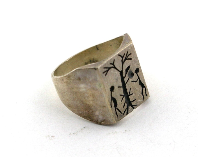 Vintage Size 10.25 Square Rectangle People Near Tree Tribal Mexico Design Signet Ring 925 Sterling Silver  Rg 1188U