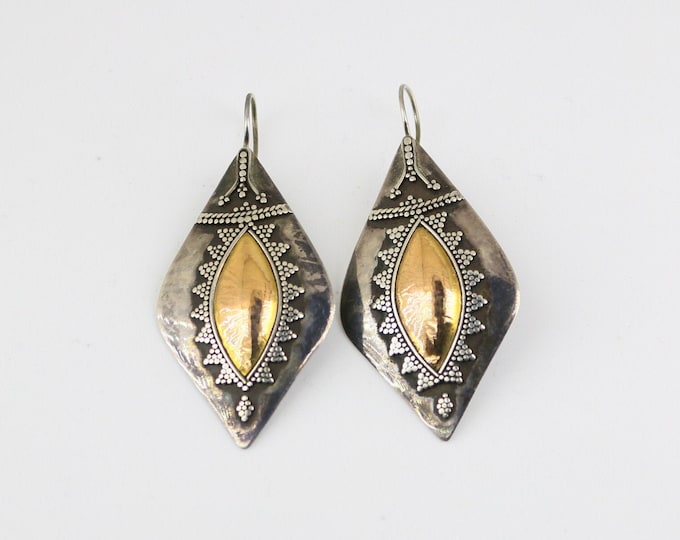 Vintage Rare 14 K Gold Inserted Part Antique Beautiful Beads Beaded Design Drop Dangle Earrings Sterling 925 ER 56