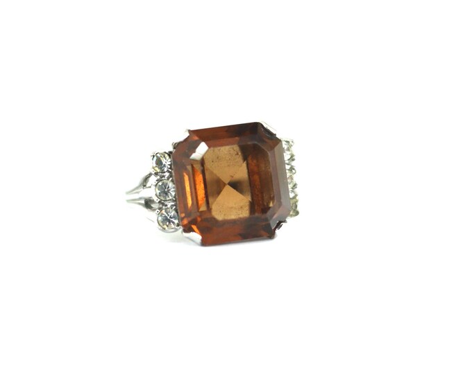 Vintage Large Square Shape Brown Crystal Cocktail Design Ring 925 Sterling Silver Rg 4133