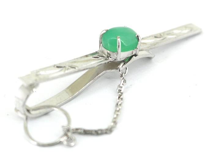 Vintage Engraved Genuine Pearl Inlaid Green Jade Tie Bar Clip 925 Sterling 925 Silver OT 480