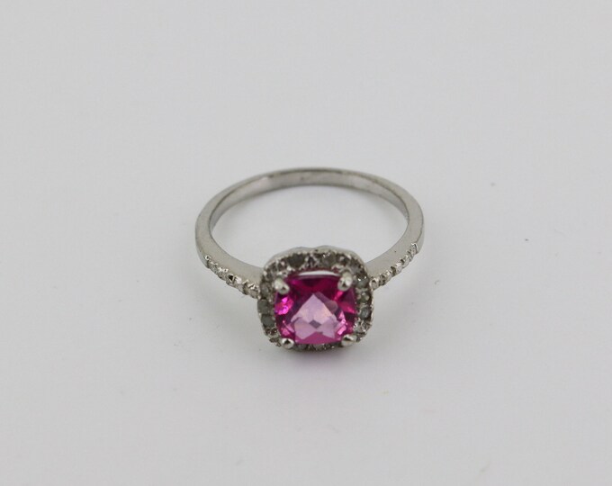 Vintage Size 8 Bright Pink Crystal CZ Tiny White Diamonds Dainty Design Ring 925 Sterling Silver Rg 163R