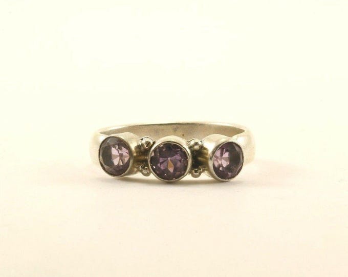 Vintage Purple Crystals Diamond Cut Design Ring 925 Sterling Silver RG 3585