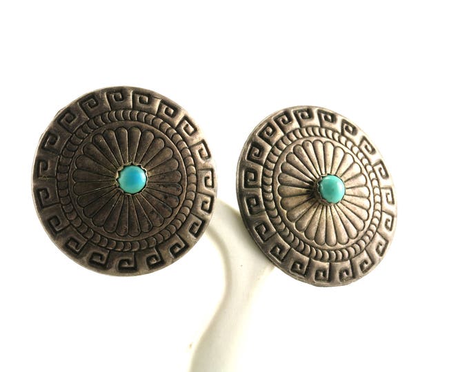 Vintage Round Maze Design Turquoise Stud Earrings 925 Sterling Silver ER 978
